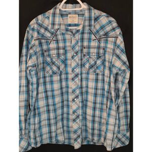 Ariat Pearl Snap Retro Fit Plaid Western Shirt Mens Large Blue Gray‎ Long Sleeve